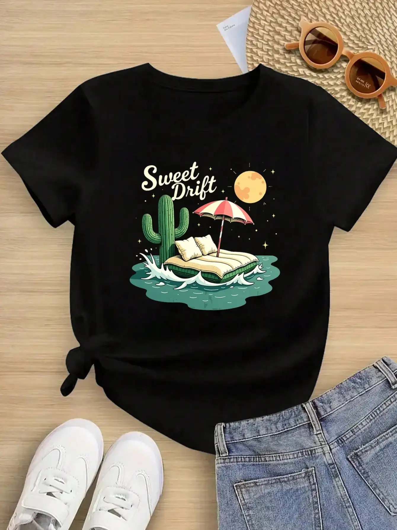 

"Sweet Drift" Cotton T-Shirt, Black Tee With Cactus, Sun, And Water Elements, Comfy & Cute Desert Dream Art Print Tops