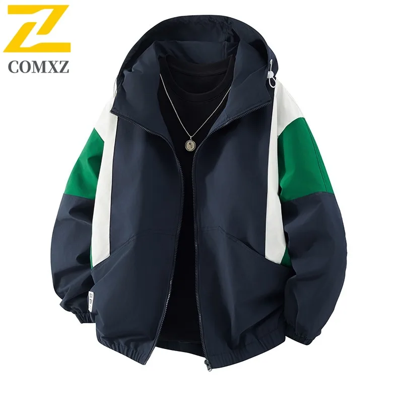 COMXZ 2025 Japanese Patchwork Hooded Jacket Men Women Heavyweight Waterproof High Quality Straight Pocket Coat