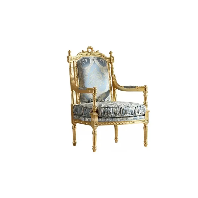 

French fabric leisure chair, living room chair, solid wood carving flower, meeting chair negotiation