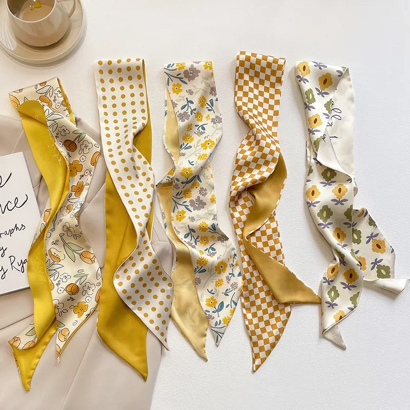 Yellow Floral Satin Hair Ribbon Women Hairband Retro Temperament Floral Print Girls Hairband Headwear Fashion Accessory Scarf