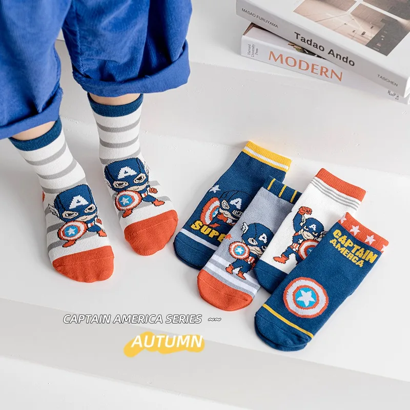 

5Pair Children Socks Spider-Man Kids Boys Cotton Sock Iron toddler Captain America Kawaii New Cartoon Baby Mid-calf Sock 1-12Y