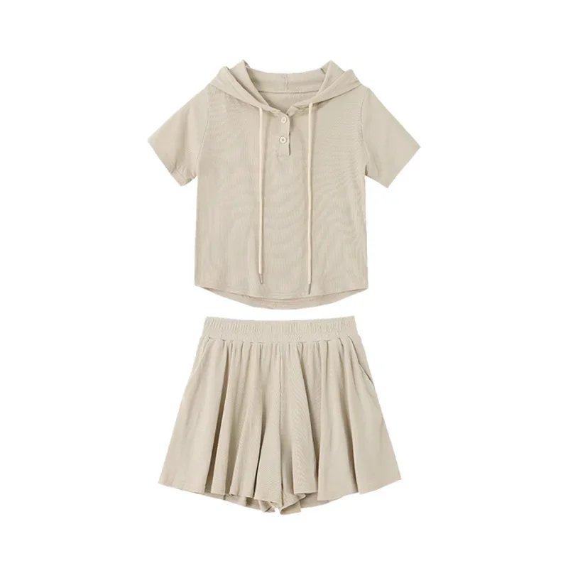 Skirt Shorts Set Women Short Sleeve with Pockets Hooded Neck Tops High Elastic Waist Shorts Set Leisure Female Sports Outfits
