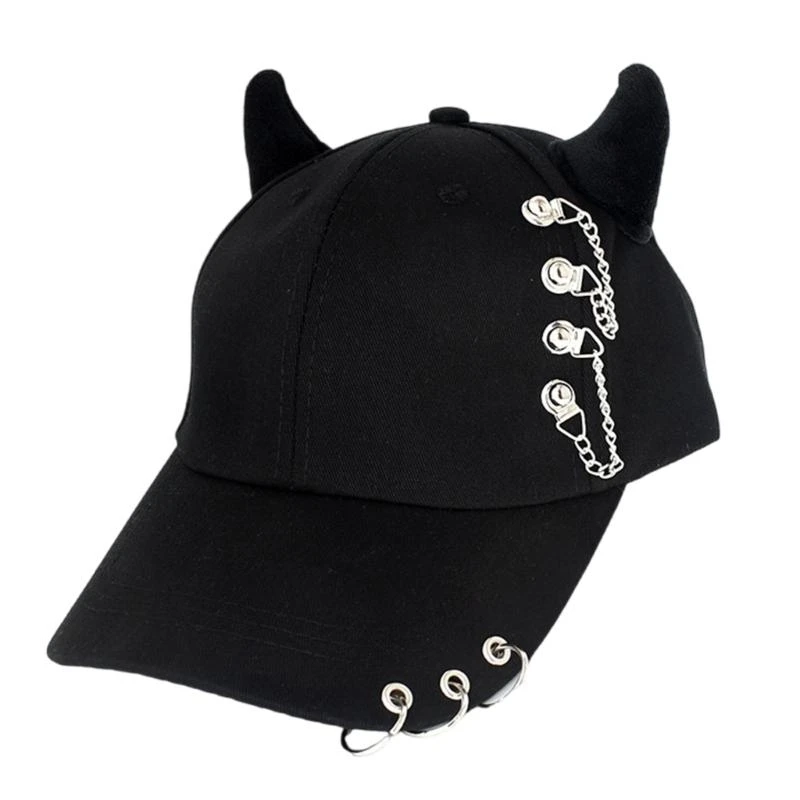 

652F Stylish Black Chain Cotton Baseball Caps With Metal Iron Rings Adjustable Strap Breathable Unisex Streetwear Hat