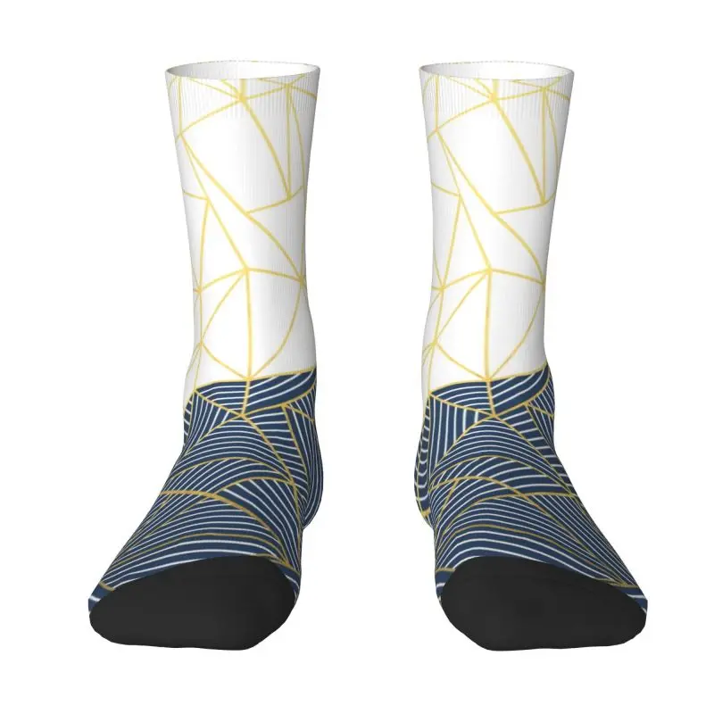 Custom Novelty Men's Abstract Lines Half And Half Navy And Gold Dress Socks Unisex Comfortable Warm 3D Printing Crew Socks