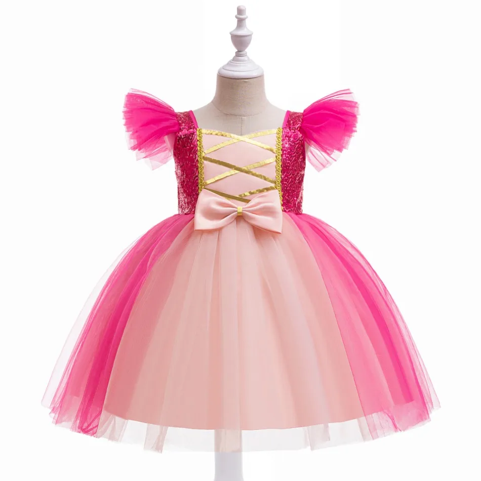 Pink Sleeping Beauty Cosplay Dress For Dress Kids Big Bow Barbie Princess Gown Girls Sequin Shining Carnival Clothes Tutu Dresse