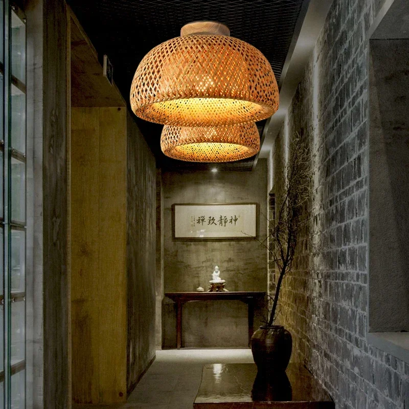 Plafoniere moderne in bambù naturale E27 Minimalismo Illuminazione creativa per la casa Sala da tè Zen cinese Decorazione corridoio Lampada a gabbia