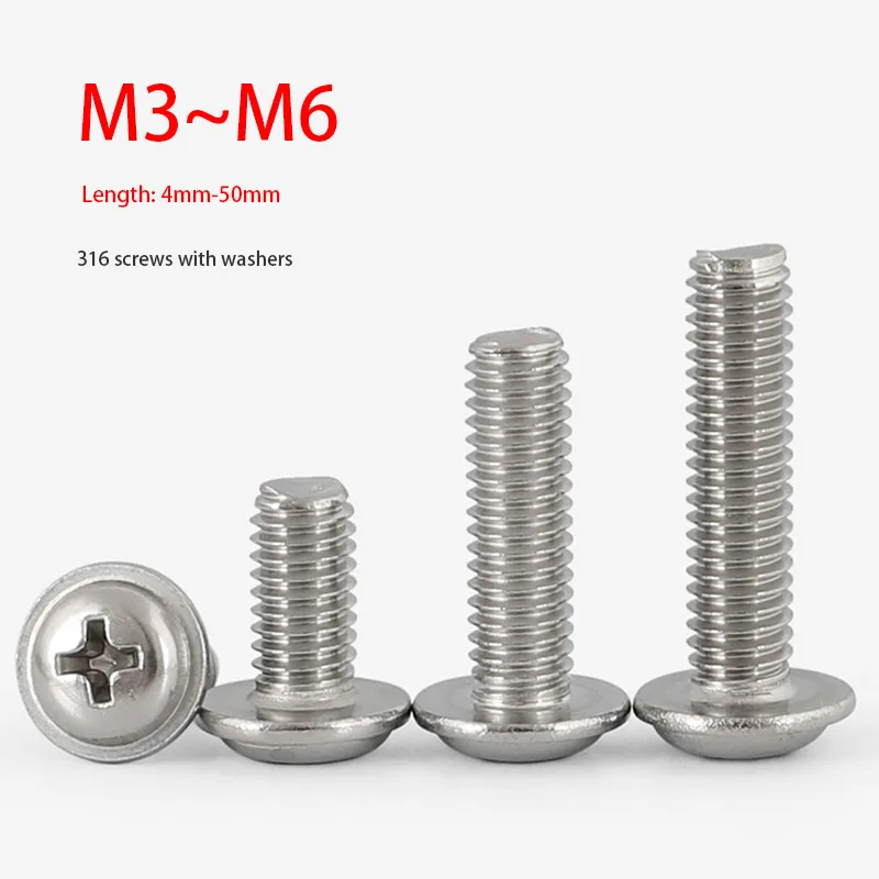 5/10/20PCS 316 stainless steel round head screws with washers M3 M4 M5 M6 Phillips machine screws Length 4-50mm