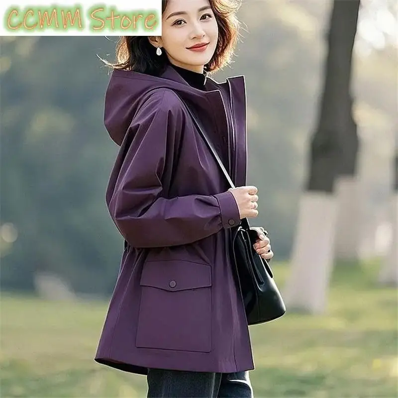 

Super Good-Looking Women's Wear Slim Windbreaker Coat Hooded Jacket New Retro Female Purple Trench Coat Outwear