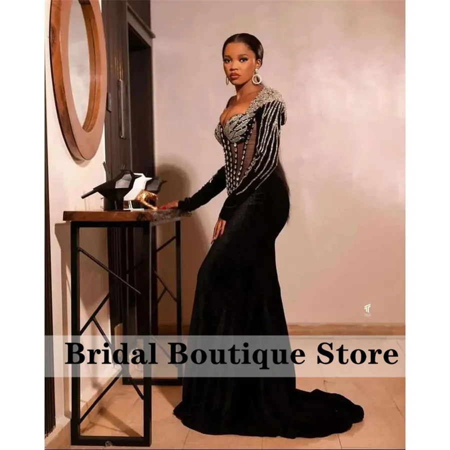 Elegant Black Mermaid Evening Dress For Black Girls Beads Crystal Diamonds Velvet Long Birthday Prom Wedding Party Gowns Vestido