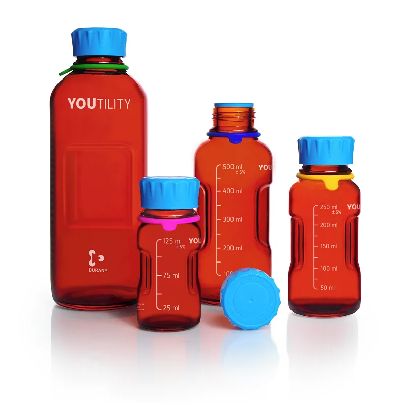 DURAN® YOUTILITY® GL 45 Laboratory Bottle, amber, with screw cap and pouring ring (PP, cyan), with DIN 168-1 thread, graduated