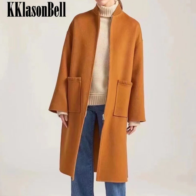 12.13 KKlasonBell Fashion Keep Warm Ribbed Stand Collar Loose Side Split Mid-Calf Cashmere Wool Coat Women