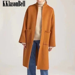 12.13 KKlasonBell Fashion Keep Warm Ribbed Stand Collar Loose Side Split Mid-Calf Cashmere Wool Coat Women