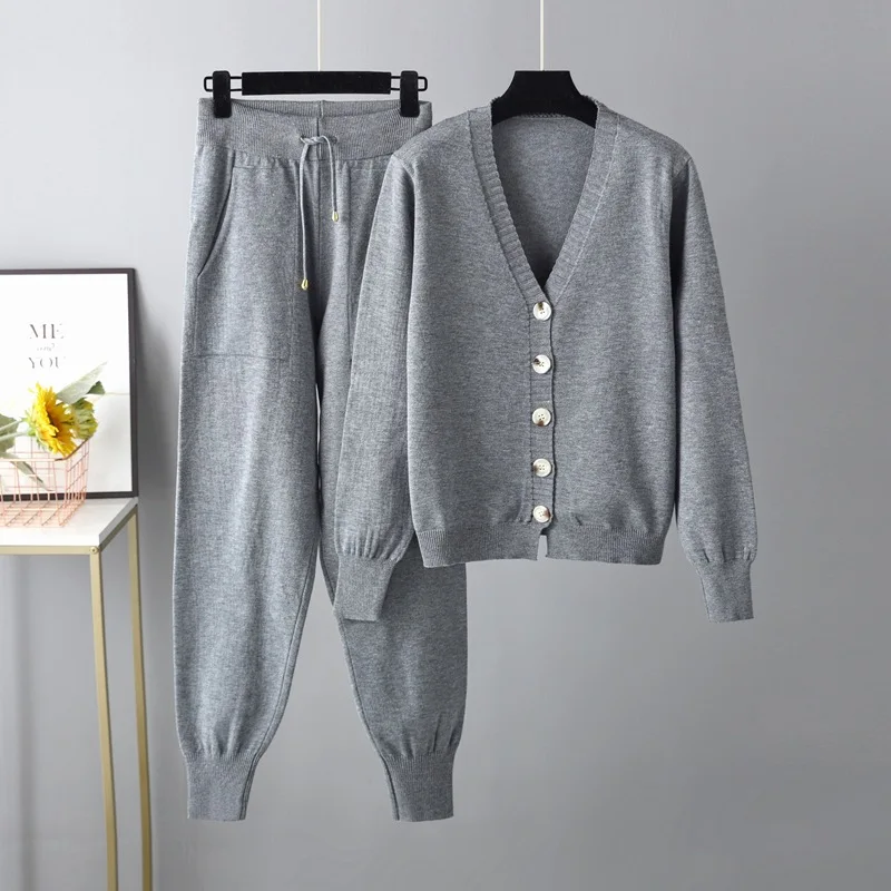 Autumn and Winter New V-neck Cardigan Sweater Harem Pants Set Solid Color Cardigan Sweater Two-piece Set