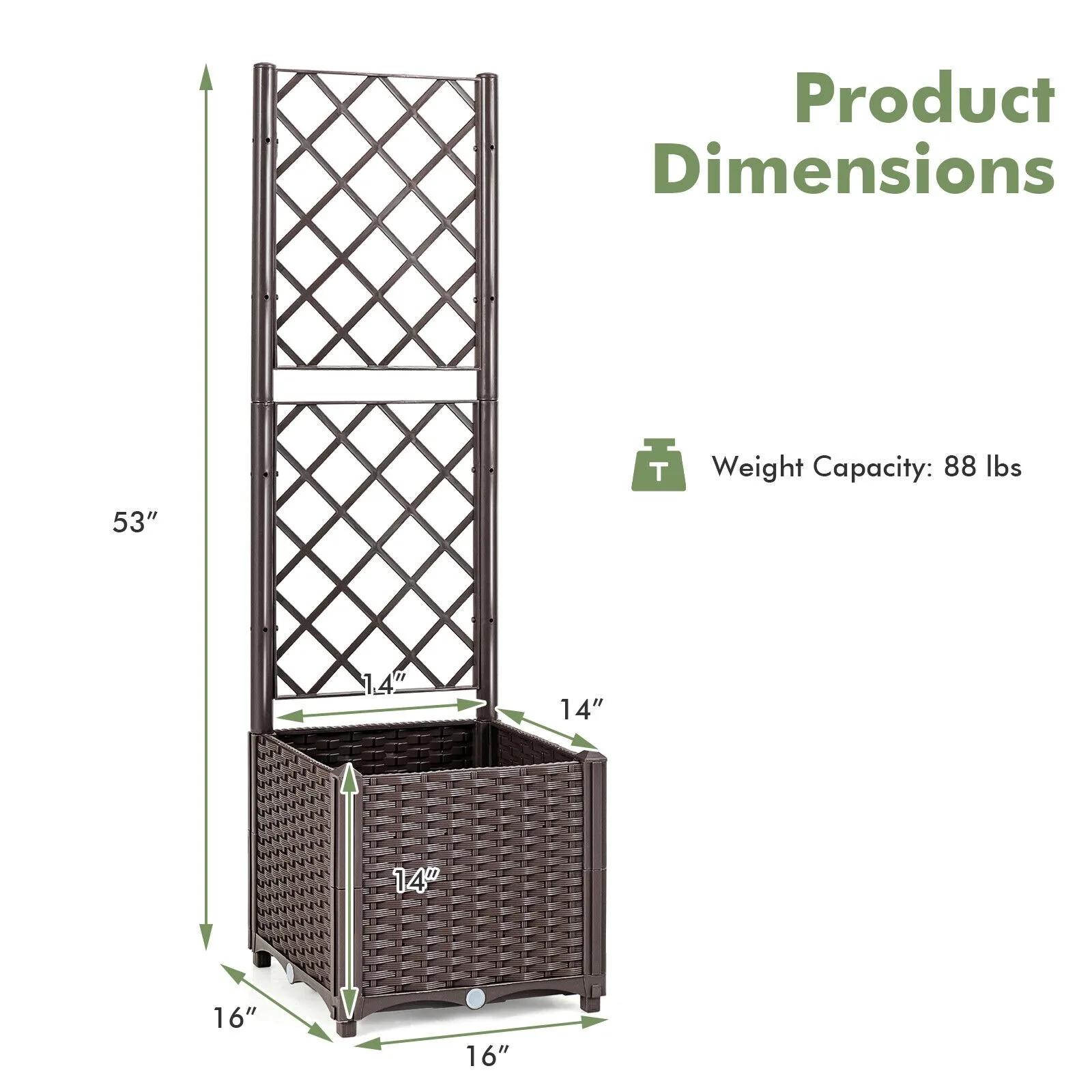 US High Trellis Planter Raised Garden Bed Box is suitable for climbing plants 16 x 16 x 53-