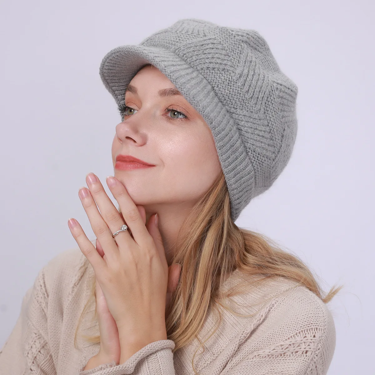 Women Winter Warm Fleece Lined Slouchy Skull Beanie Visor Cap Knitted Newsboy Hats Ladies Cold Weather Snow Hat Brimmed 2