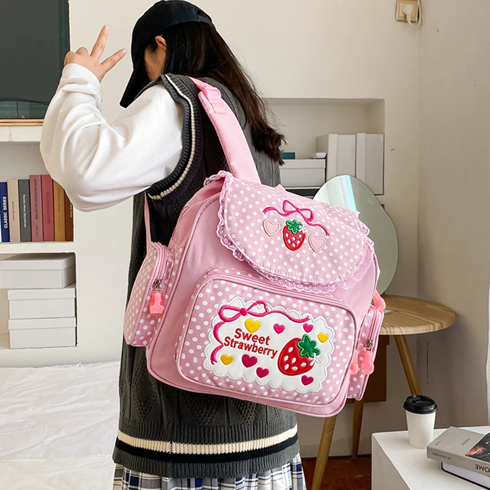 Bolsa escolar Kawaii para crianças, Kawaii, fofo, bordado de morango, mochila ao ar livre, pontos, bolso múltiplo, moda de nylon, faculdade para adolescente