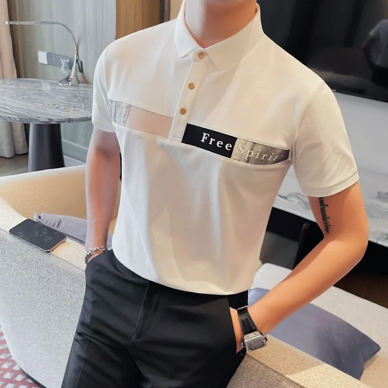 

2024 Spliced Polo Shirt Men's Summer Letter Print Slim Casual Lapel T-shirts Slim Fit Business Social Polo Tee Tops Men Clothing