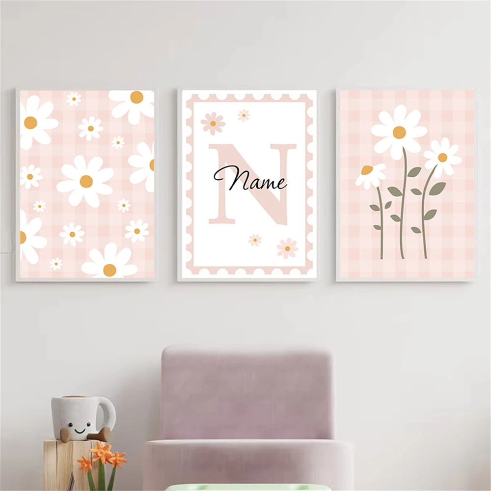 Cartoon Daisy Flower Canvas Poster Custom Name Print Painting Pink Wall Art Nursery Posters Nordic Wall Pictures Girl Room Decor