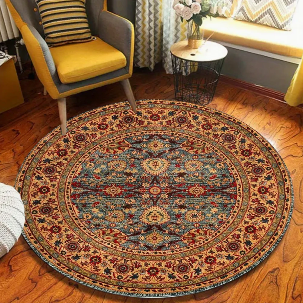 Distressed Ethnic Floral Ornate Round Area Rug Rustic Vintage Worn Texture Floor Carpet for Cozy Home Living Spaces