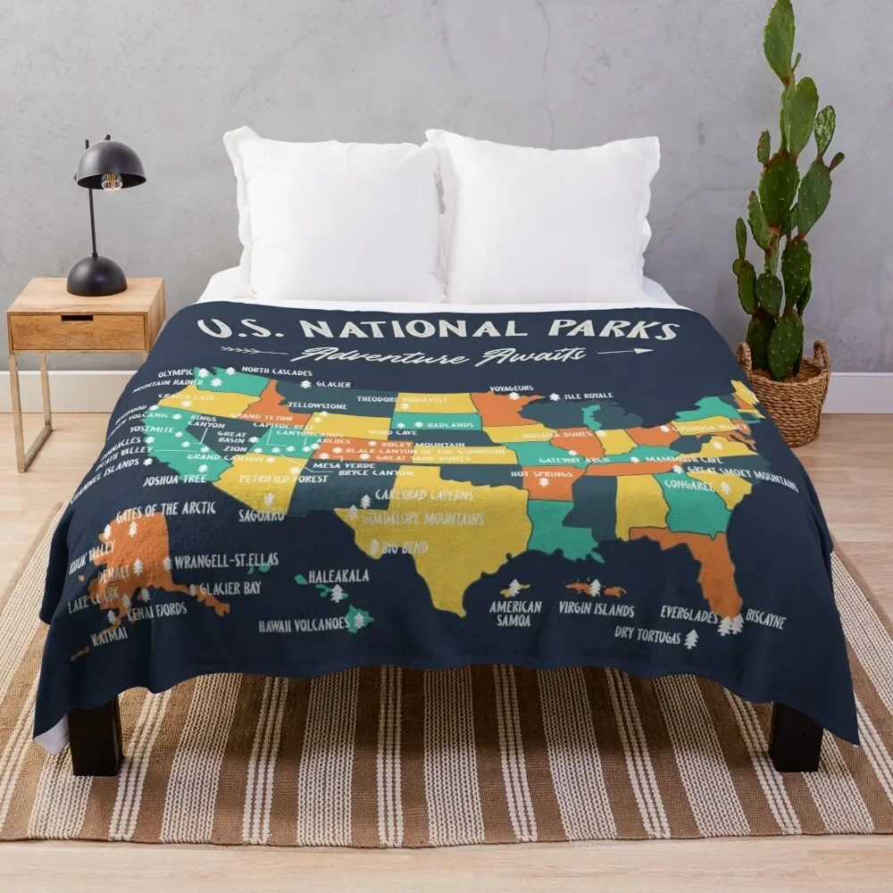 U.S National Parks Map - Adventure Awaits Throw Blanket Giant Sofa Luxury Thicken Soft Cute Furrys Blankets