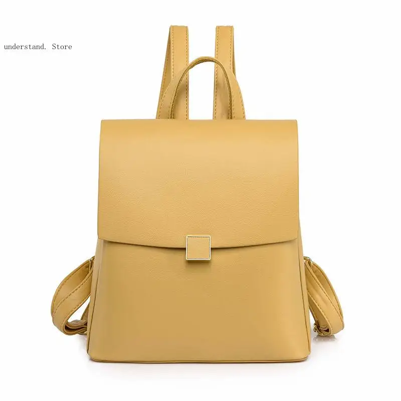 Commuting Simple Retro Casual Pu Leather Pure Color Zipper Large Capacity Portable Backpack for Women