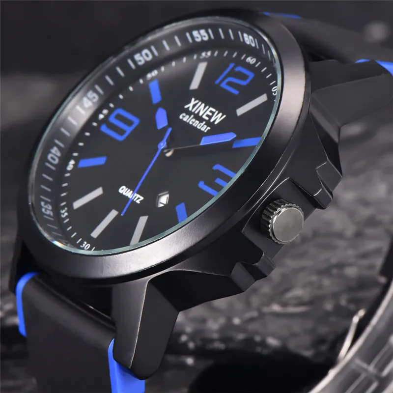 Men XINEW Brand Watches Students Fashion Casual Silicone Band Sports Date Quartz Watch Erkek Barato Saat Montre Homme Black 2024