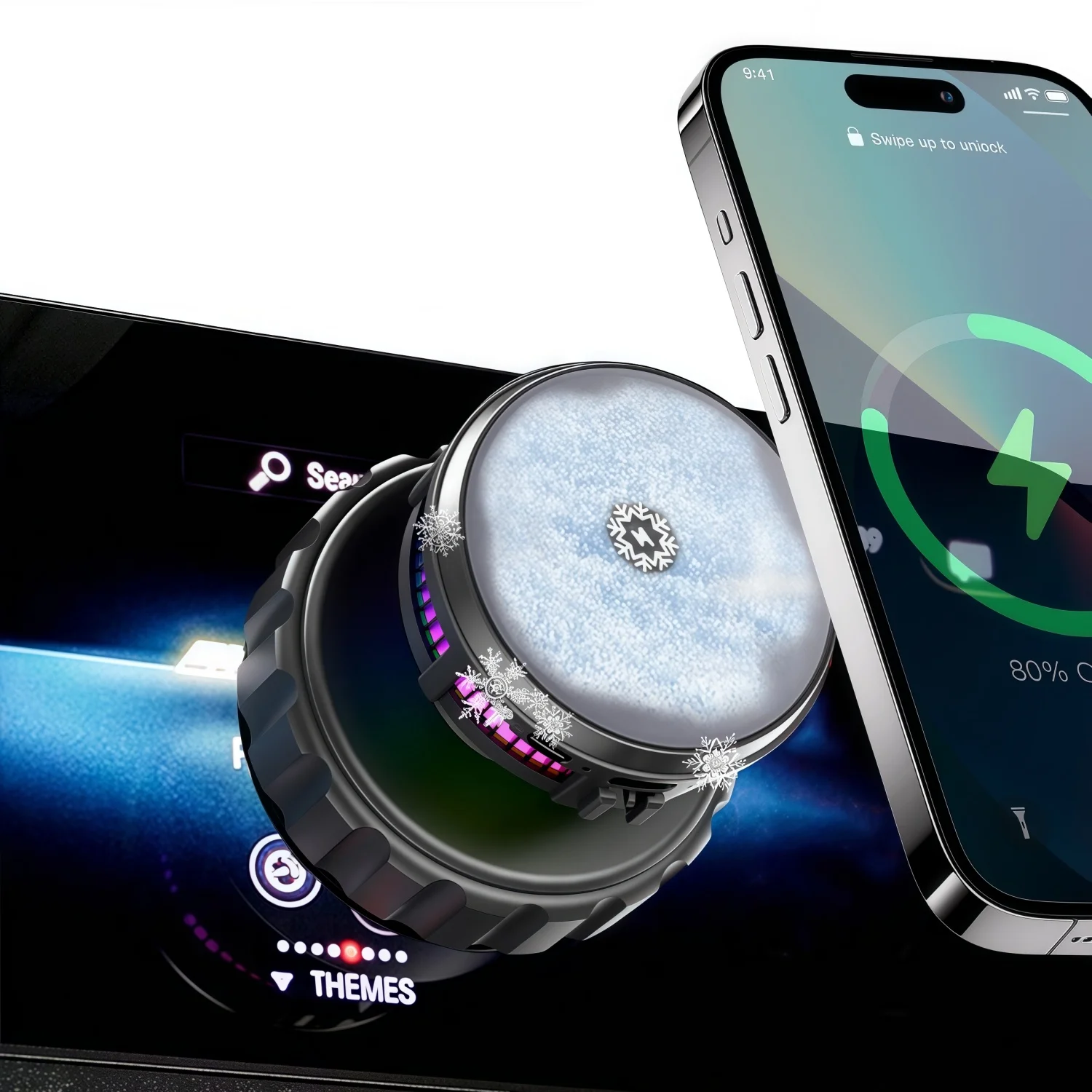 

Magnetic Semiconductor Car Phone Mount, Wireless Charging with Cooling, 360° Rotation, RGB Lights & Strong Suction