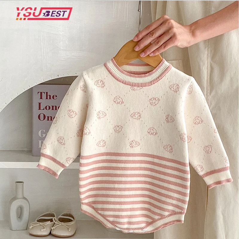 

New Autumn Baby Girls Knitting Jumpsuit Toddler Baby Girls Knitting Bodysuits Long Sleeve Printed Stripe Spring Newborn Clothing