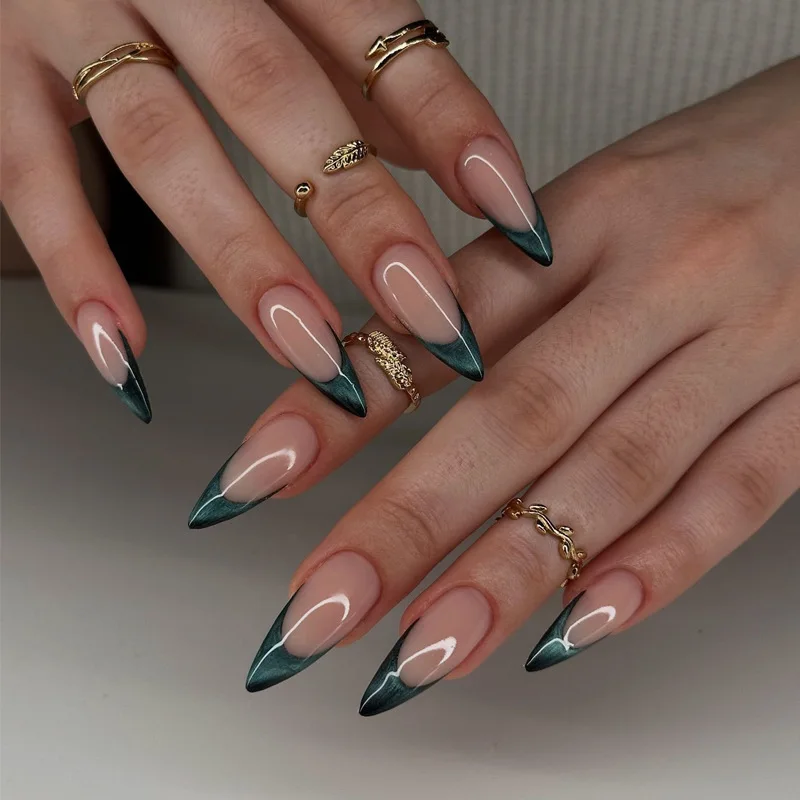 24pcs Simple Long Stiletto Press on False Nails Tips Fashion Cat's Eye French Almond Nails Art with Gilded Design Blue Fake Nail