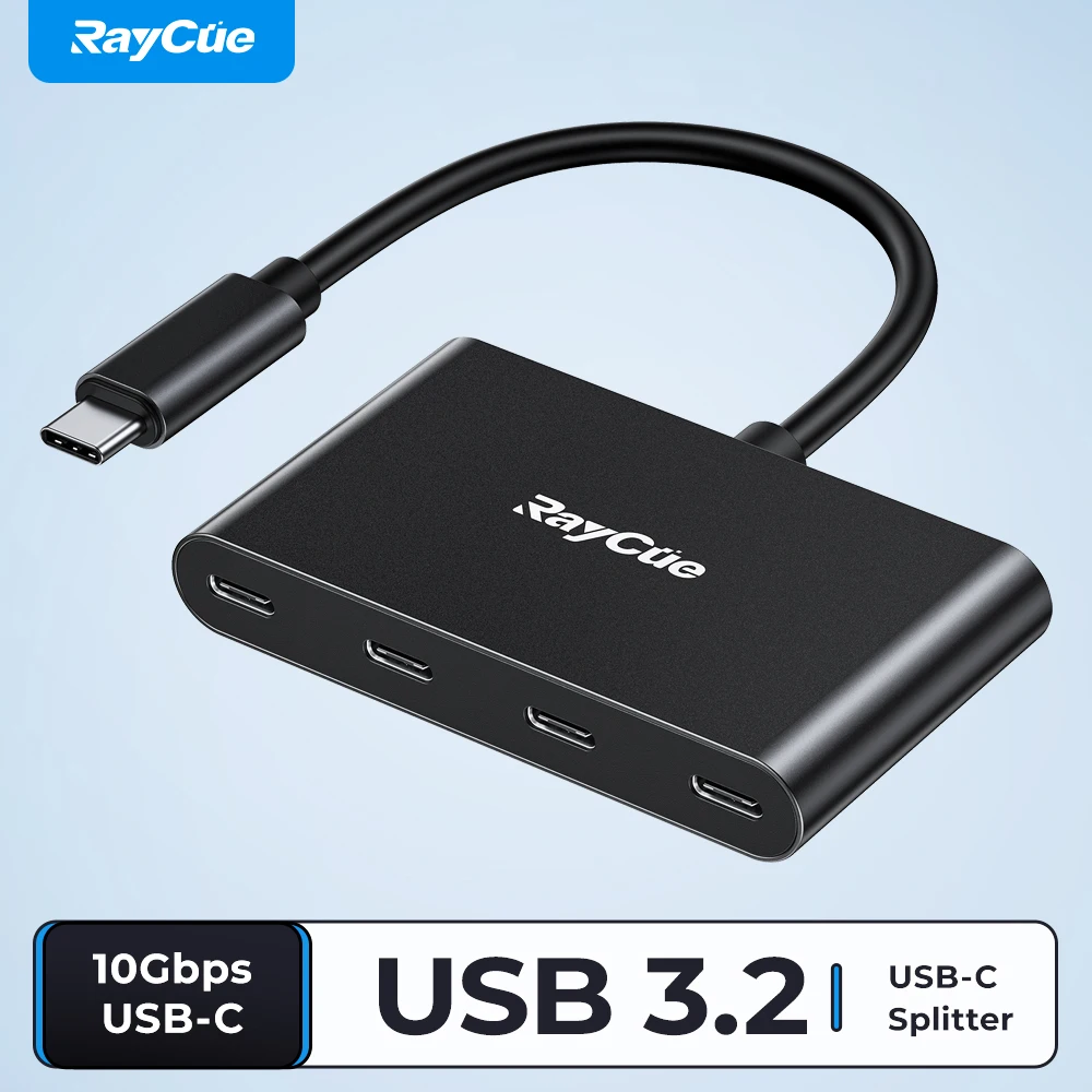 RayCue-4 Portas USB-C Adaptador Hub, 10Gbps, Multiport, USB 3.2, Extensor, Dongle 100W, PD para MacBook, iPhone 15, Lenovo, Dell, Laptop