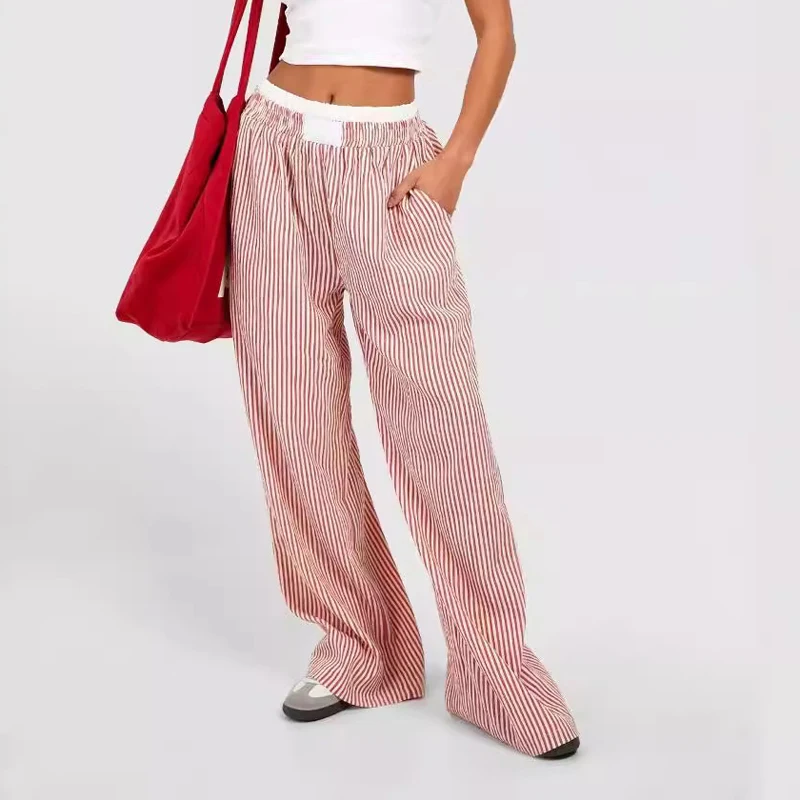 Fashion Women Y2k Stripes Lounge Pants Elastic Waist Straight Wide Leg Trousers Casual Loose Fit Bottoms Going Out Pants