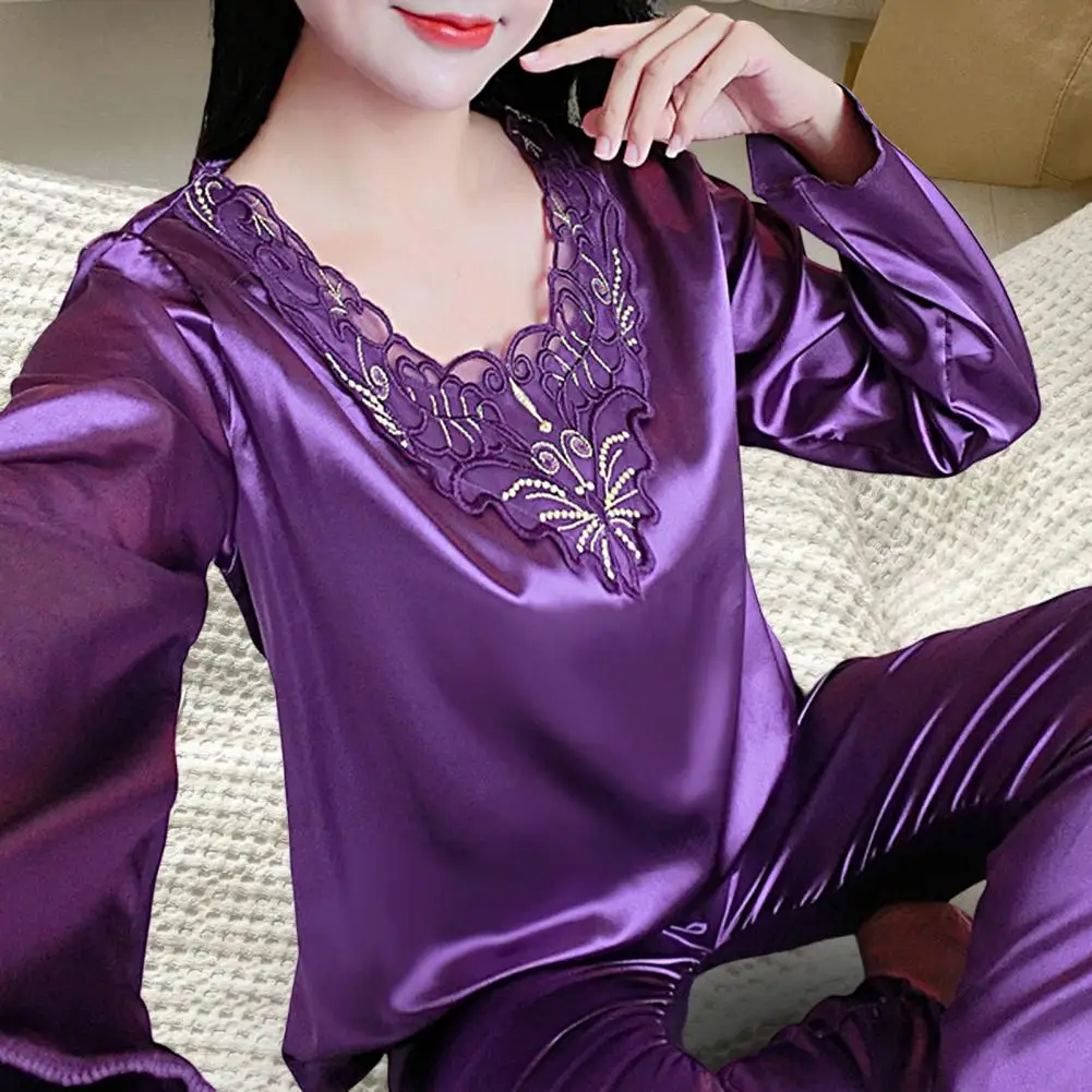 2 Pcs/Set Women Pajamas Set Silky Long Sleeves V Neck Solid Color Loose Sleeping Lace Plus Size Women Nightie Set for Bedroom