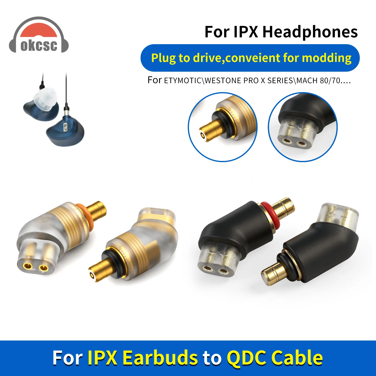 OKCSC QDC 2-pinowy żeński adapter słuchawek IPX T2 męski do słuchawek Westone Linum Bax T2/Am PRO X10-30/MACH 10-80