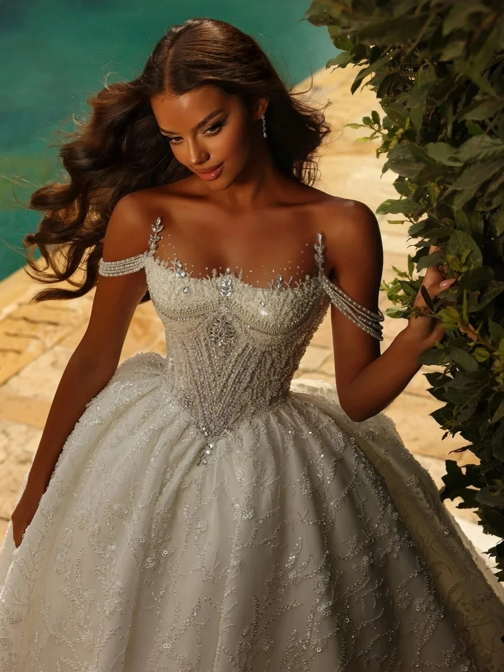 Customized Exquisite Bridal Ball Gown Off The Shoulder Sequins Sleeveless Wedding Dresses 2026 Sweep Train Bride Gowns