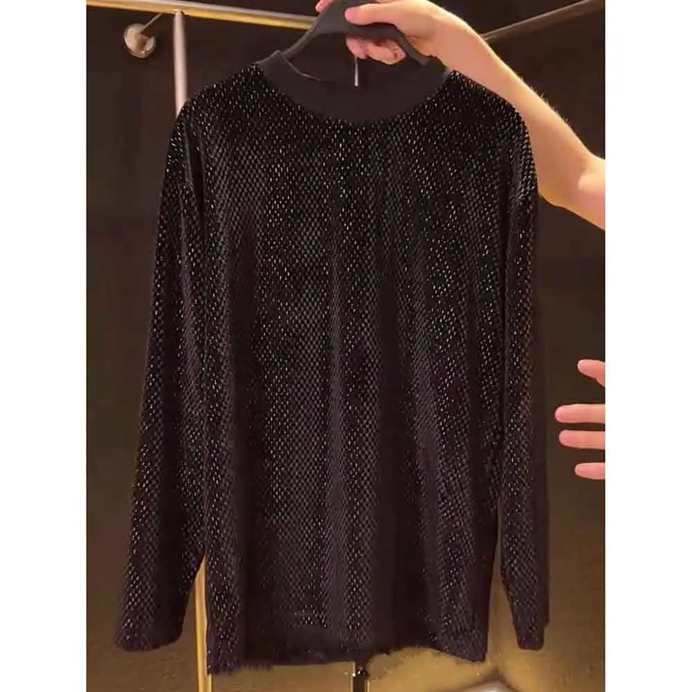 

Зимняя новая мужская однотонная футболка с длинным рукавом и блестками, американская ретро-мода, модный свободный повседневный нишевый мужской топ High Street