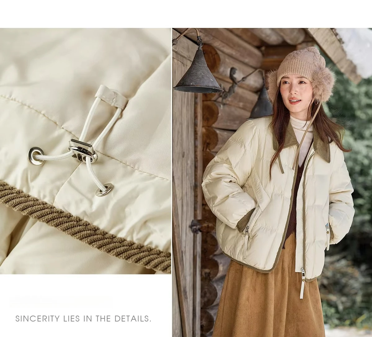 SENTUBILA 90% White Duck Down Jacket Women's 2026 Color Contrast Lapel Zip Pocket Coat Winter Loose Warm Outerwear W64YC7611