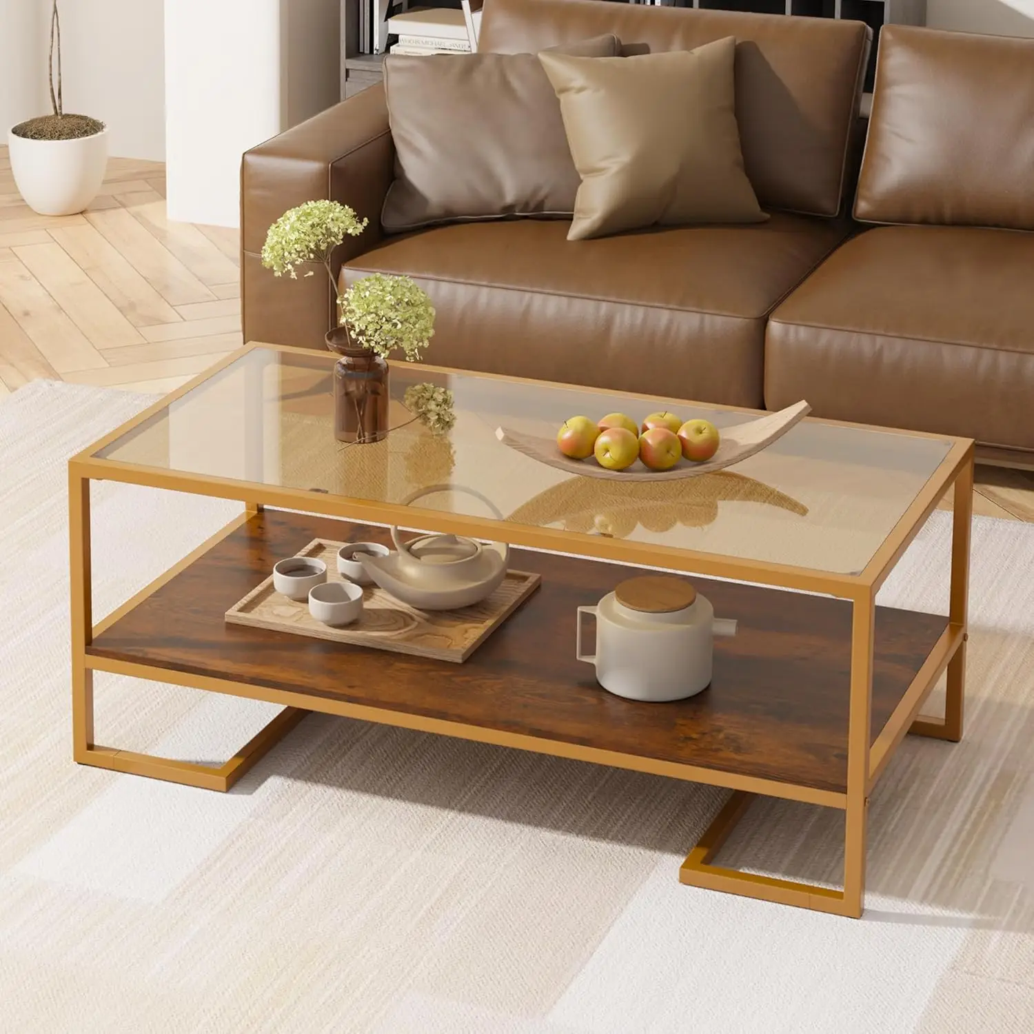 

Modern Brown Rectangle Coffee Table - 2-Tier Tempered Glass Table with Metal Frame, Open Storage Shelf