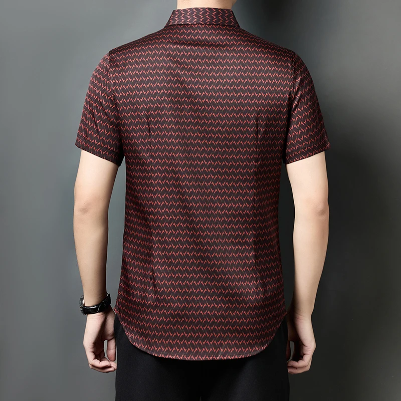 Coolness Thin Luxury Shirts For Men Short Sleeve Print Hundsome Summer Quality Silk 90%&Elastane 10% Exquisite Camisas De Hombre