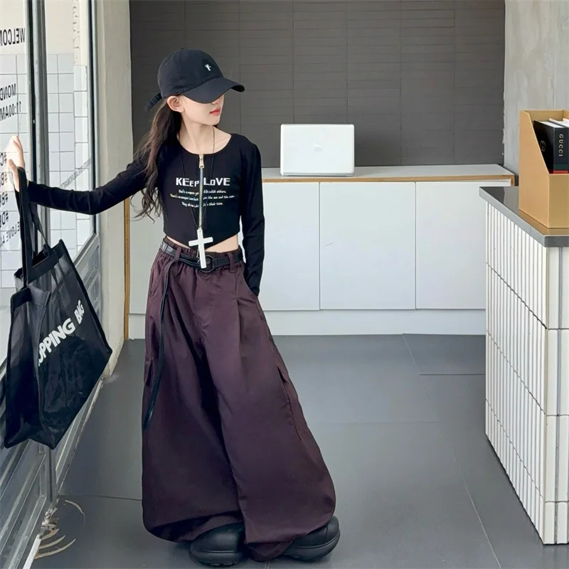 

2025 Autumn Children Girls Cargo Pant Korean Teenager Girls Mid Waist Belt Trousers Junior Girls Solid Loose Full Length Pant