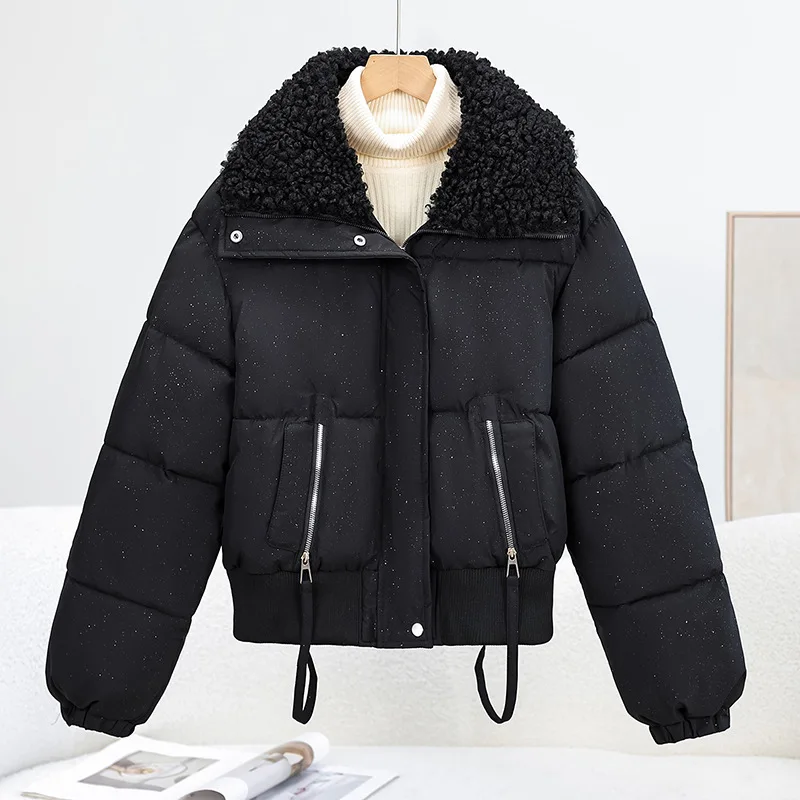 Winter 2026 Fashion Lamb Wool Large Lapel Thick Warm Short Cotton Padded Jacket Women Parkas Casual Windproof Outerwear Female