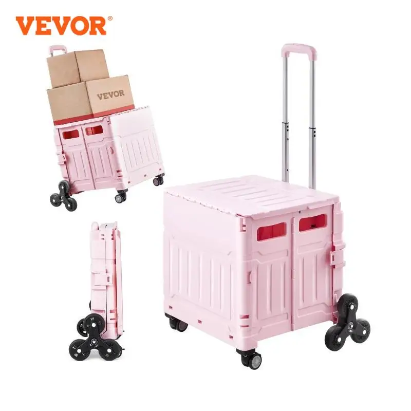 VEVOR 150lbs Stair Climbing Cart 65L Foldable Utility Hand Cart with Wheels Collapsible Crate Rolling Cart for Shopping Office