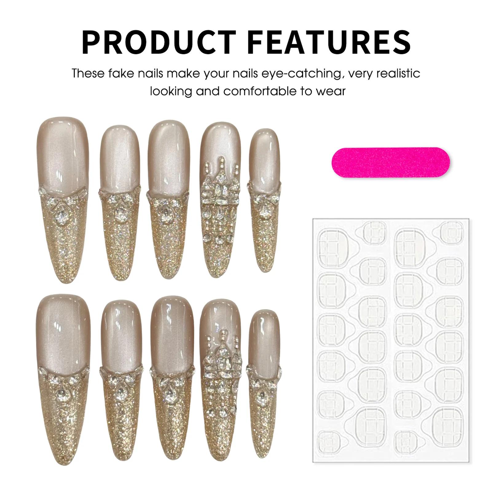 10st Cat Eyes Valse Nagel Met Glitter Tip Handgemaakte Strass Lange Amandel Druk Op Nagels Glanzende Volledige Dekking Franse Valse Nagel Tip