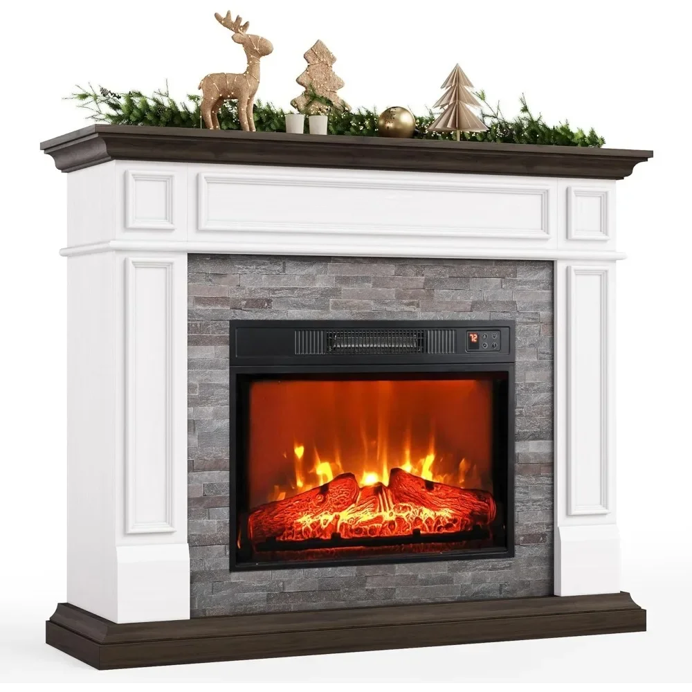 44-inch fireplace,portable free-standing wood stove heater,3D dance flame effect and stacked stone surround,remote control timer