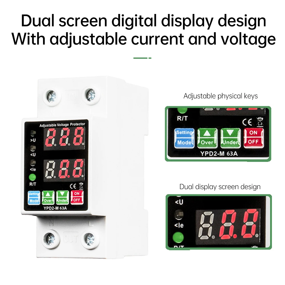 40A 63A 230V Din Rail Dual Display Self-reset Protector Overvoltage Undervoltage Current Adjustable Circuit Breaker Switch