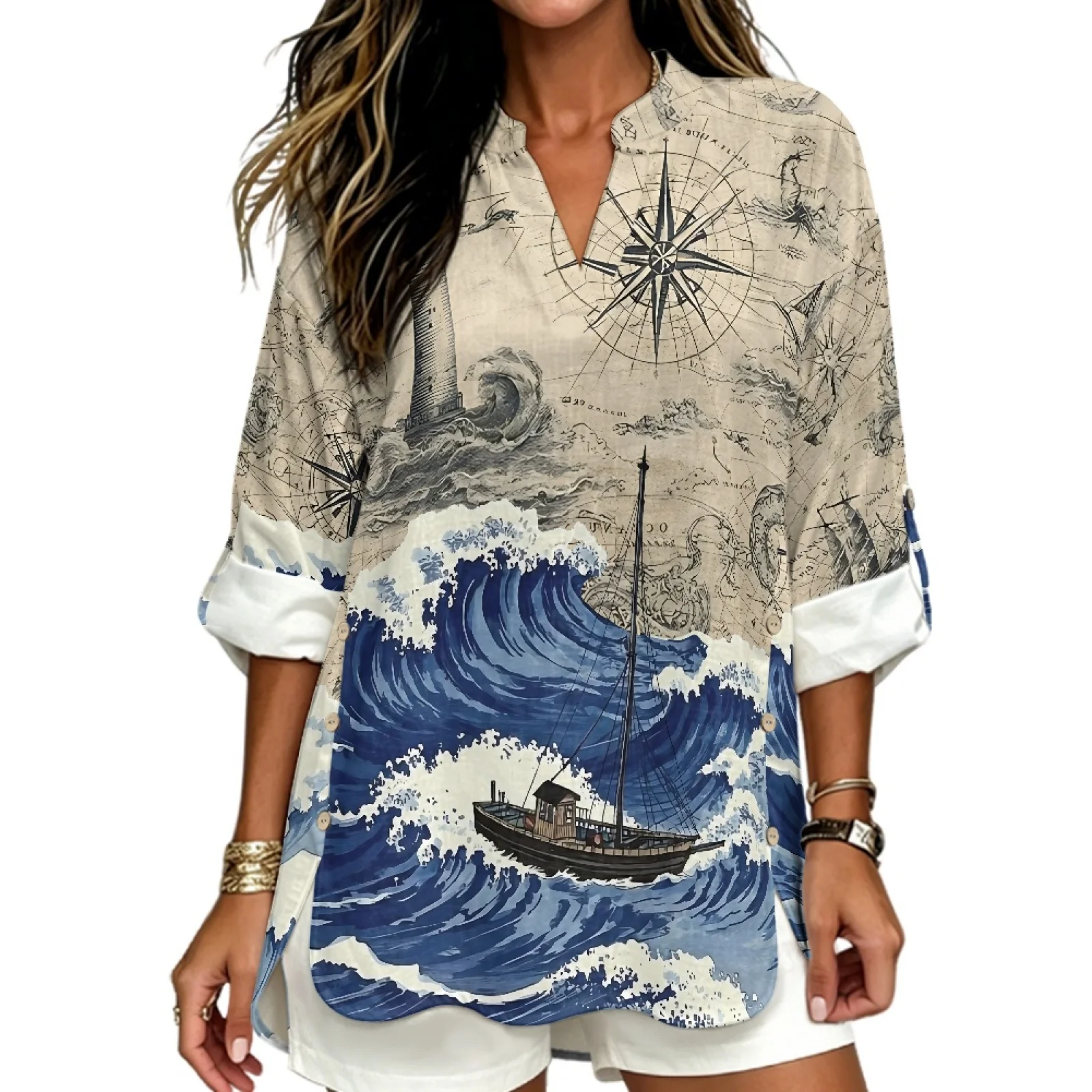 PENSTROLL Wave Map Print Linen Style V Neck Shirts V Neck Long Sleeve Blouses for Women Lightweight Casual