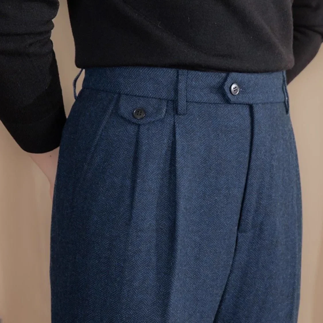 Italian Vintage Suit Pant for Men Autumn Winter Wool Herringbone Pattern Straight Trousers British Style Business Casual Pants