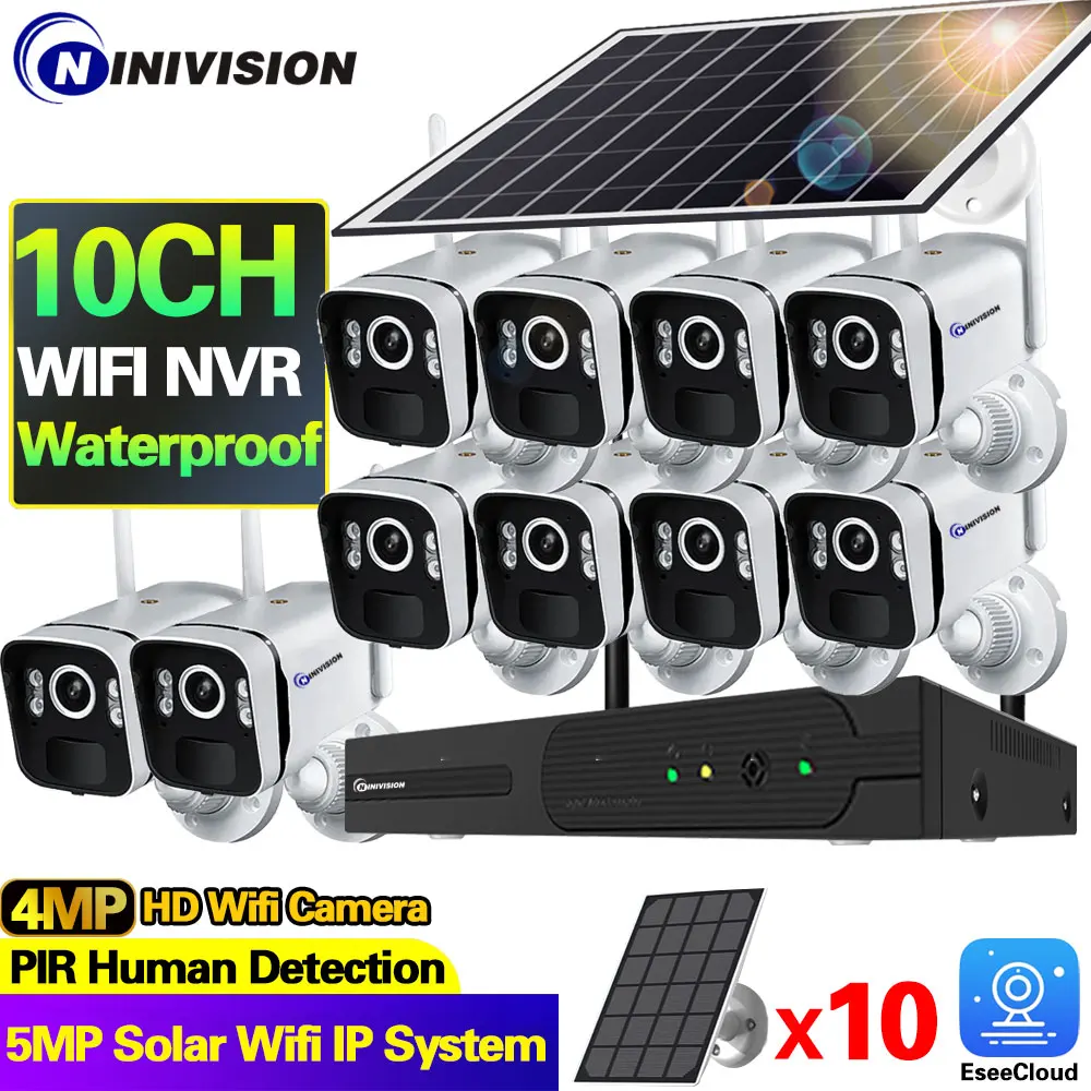 

10CH 5MP NVR Wireless Solar Panel Battery WIFI Camera WiFi NVR Video Surveillance Security System Kit With PIR Detection Monitor