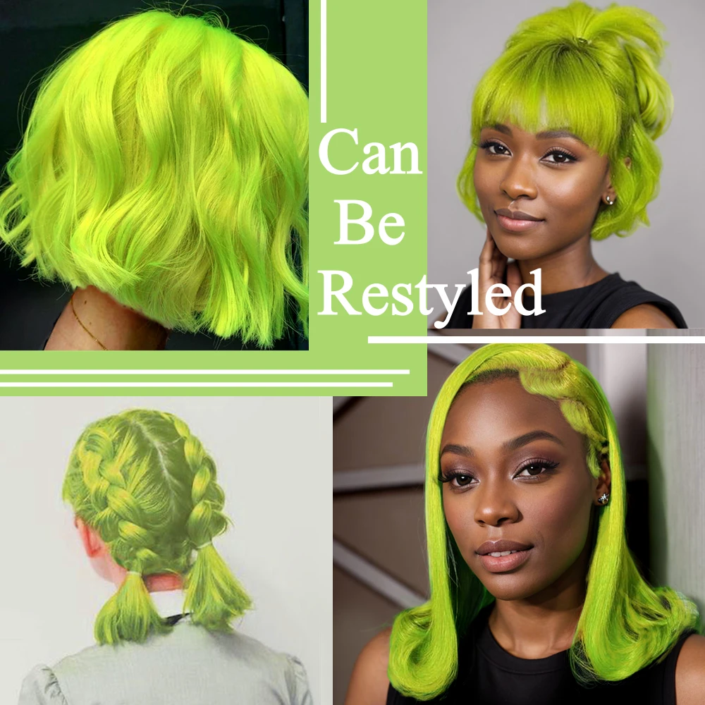 라임 그린 인모 가발, 13 × 4 레이스 프론트 가발, 아기 머리 180% 밀도 짧은 밥 표백 매듭 컬러