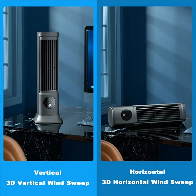 BABZ 3X USB Rechargeable Bladeless Tower Fan, Portable Desktop Air Conditioner 3 Speeds Silent Table Fan Black