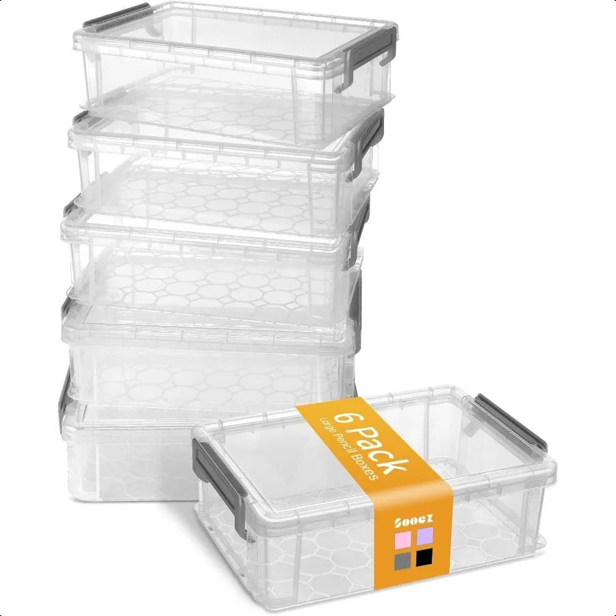 

6 Pack Extra Large Pencil Box Plastic Pencil Case Crayon Box Bulk Clear Marker Organizer Plastic Containers with Lid Stackable